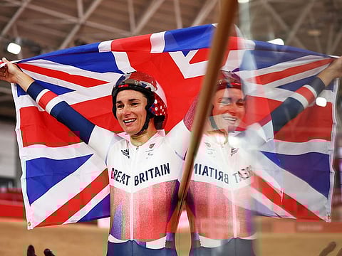 Gold medallist Sarah Storey of Britain celebrates 