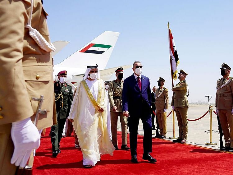 Sheikh Mohammed bin Rashid received by Mustafa Al Kadhemi, Prime Minister of Iraq, on arrival in Baghdad