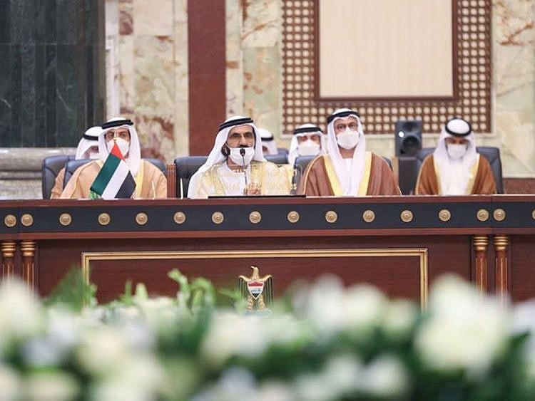  The UAE delegation, led by Sheikh Mohammad, attending the summit in Baghdad on August 28, 2021.