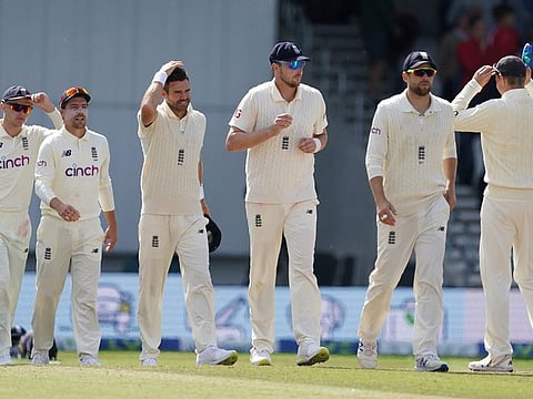 England players walk off the field after their win on the fourth day of third Test match against India at Headingley on Saturday.