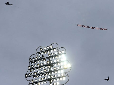 A plane, displaying a message about saving Test cricket in England, caught attention as it flew over the Headingley Stadium on the third day of the third Test match on Friday.