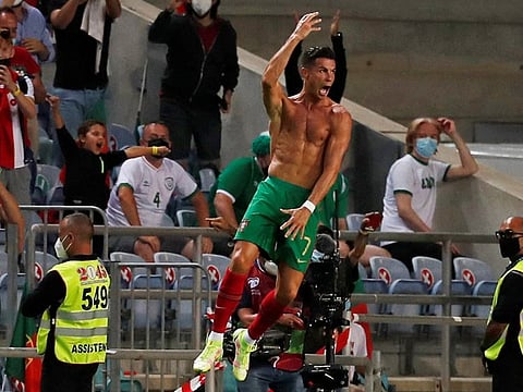 Portugal's Cristiano Ronaldo celebrates scoring their second goal 