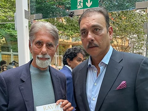 Indian cricket team's head coach Ravi Shastri (right) and Shyam Bhatia, Dubai-based cricket connoisseur, at the launch of Shastri's book in London on Tuesday.