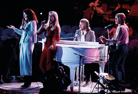 Abba, from left, Anni-Frid Lyngstad, Agnetha Foltskog, Benny Andersson and Bjorn Ulvaeus perform at United Nations General Assembly, in New York, during taping of NBC-TV Special, "The Music for UNICEF concert" on Jan. 9, 1979.
