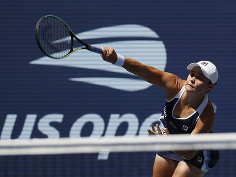 Ashleigh Barty of Australia serves against Clara Tauson of Denmark in a second round match on day four of the 2021 U.S. Open tennis tournament at USTA Billie Jean King National Tennis Center.