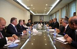 Syrian Foreign Minister Faisal Al Mekdad meets with a delegation from Lebanon’s caretaker government in Damascus on September 4, 2021.  