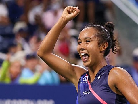 Leylah Fernandez of Canada celebrates after beating Angelique Kerber of Germany at the 2021 U.S. Open tennis tournament at USTA Billie Jean King National Tennis Center. 
