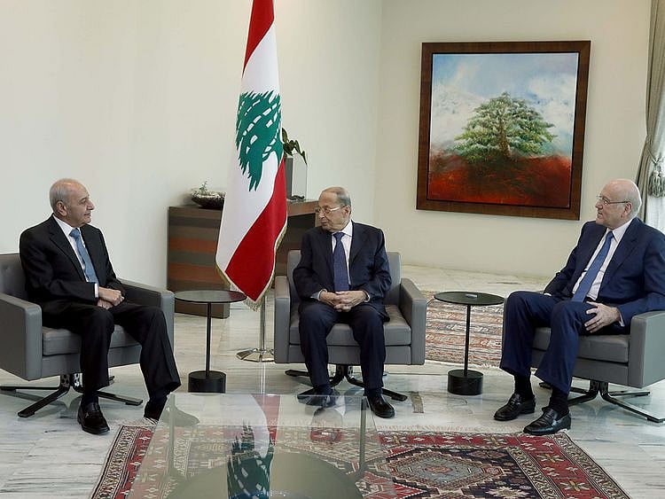 Lebanese President Michel Aoun during his meeting with new Prime Ministe Najib Mikati and Parliament Speaker Nabih Berri on September 10, 2021.