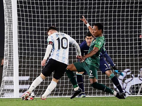 Argentina's Lionel Messi scores their second goal during the match between Argentina and Bolivia in the World Cup - South American Qualifiers, in Buenos Aires, Argentina 