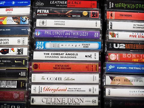 Boxes of cassettes on sale at Mars Tapes in Manchester, north west England. 