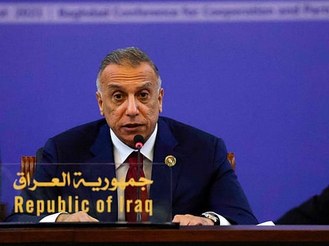 Iraq's Prime Minister Mustafa Al Kadhemi speaks during the Baghdad conference in the Iraqi capital on August 28, 2021. 