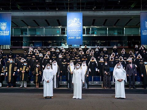 His Highness Sheikh Mohammed bin Rashid Al Maktoum attended the graduation ceremony for Mohammed bin Rashid School of Government (MBRSG) Master’s programmes today, along with Lt General Sheikh Saif bin Zayed Al Nahyan.