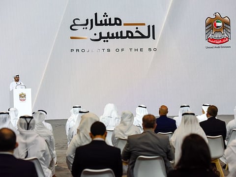 Mohammad Al Gergawi, Minister of Cabinet Affairs speaking at the second event for ‘Projects of the 50’ at Qasr Al Watan, Abu Dhabi. 