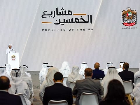 Mohammad Al Gergawi, Minister of Cabinet Affairs speaking at the second event for ‘Projects of the 50’ at Qasr Al Watan, Abu Dhabi. 