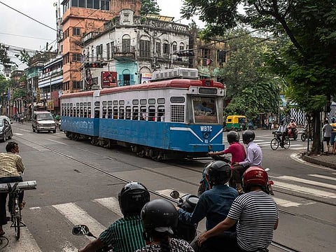 A tram on College Street in Kolkata, India, on July 20, 2021. The few tram riders left say the 140-year-old system makes sense for a city of 15 million struggling with pollution and overcrowding, but many trips now are more nostalgic than necessary. 