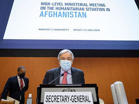 UN Secretary-General Antonio Guterres speaks during an aid conference on Afghanistan in Geneva on September 13.