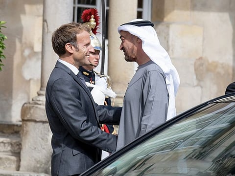 His Highness Sheikh Mohamed bin Zayed Al Nahyan, Crown Prince of Abu Dhabi and Deputy Supreme Commander of the UAE Armed Forces [R] was received by French President Emmanuel Macron [L]