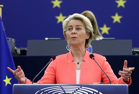 European Commission President Ursula von der Leyen delivers a speech during a debate on "The State of the European Union" at the European Parliament in Strasbourg, France, September 15, 2021. 