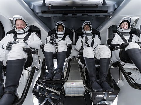 From left: Chris Sembroski, Sian Proctor, Jared Isaacman and Hayley Arceneaux sit in the Dragon capsule at Cape Canaveral in Florida, during a dress rehearsal for the upcoming launch.  