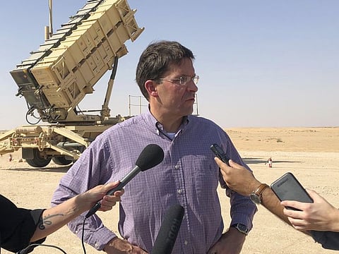 Former US Defence Secretary Mark Esper talks to reporters at Prince Sultan Air Base in Saudi Arabia in a file photo.