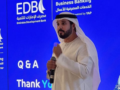 Ahmed Mohamed Al Naqbi, Chief Executive Officer of Emirates Development Bank explaining the key features of EDB Business Banking app.