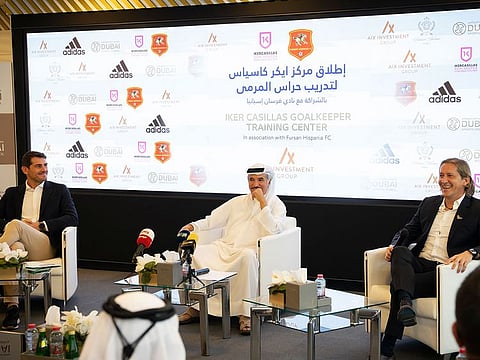 Legendary spanish goalkeeper Iker Casillas, Saeed Hareb - Secretary General of Dubai Sports Council and  Real Madrid star Michel Salgado at the press conference