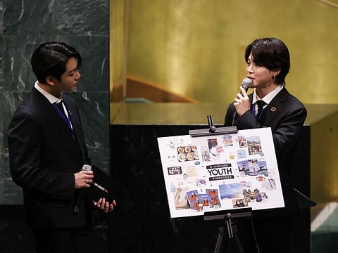 Members of South Korean K-pop band BTS speak at the United Nations meeting on Sustainable Development Goals during the 76th session of the UN General Assembly at UN headquarters on September 20, 2021. 