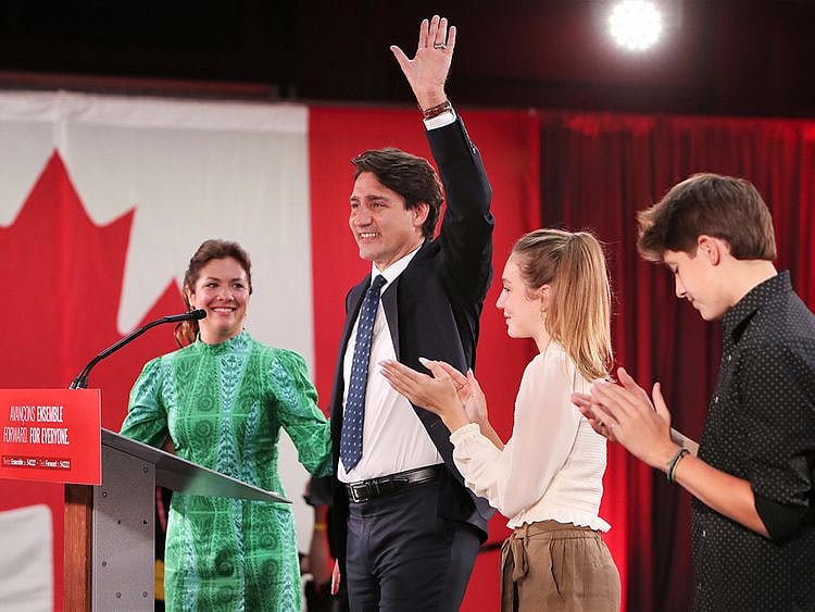 Justin Trudeau, Canada's prime minister, takes the stage with his wife Sophie Gregoire and their children Xavier and Ella-Grace during a Liberal Party election night event in Montreal, Quebec, Canada, in the early hours of  September 21, 2021.  