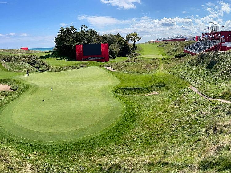 Temporary grandstands are set up around the 18th hole at Whistling Straits Golf Course in preparation for the Ryder Cup 