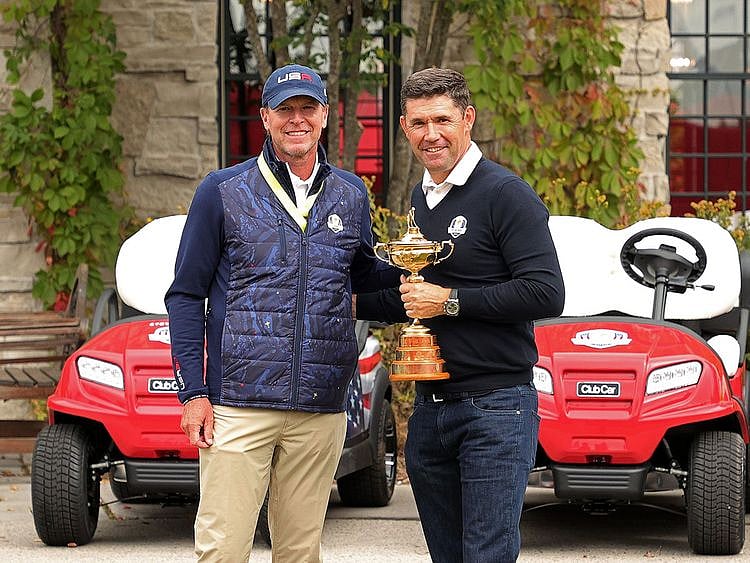 US Ryder Cup captain Steve Stricker greets European captain Padraig Harrington in Wisconsin