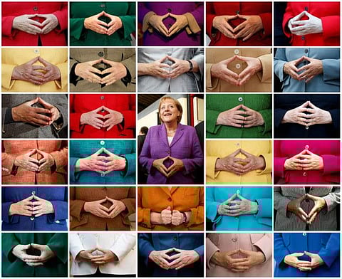 A combination picture shows German Chancellor Angela Merkel folding her hands in front of her jackets of various colours during public events.  