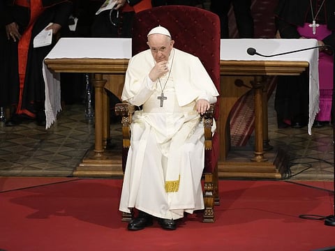 In this September 13, 2021 photo Pope Francis attends a meeting with priests, religious men and women, seminarians and catechists, at the Cathedral of Saint Martin, in Bratislava, Slovakia. Pope Francis has acknowledged his increasingly vocal right-wing critics, saying their “nasty comments” were the work of the devil and that “some wanted me dead” after his recent intestinal surgery. Francis made the comments during a September 13 private meeting with Slovakian Jesuits soon after he arrived in the Slovak capital, Bratislava. 