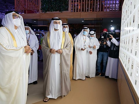Sheikh Sultan bin Ahmed bin Sultan Al Qasimi touring 'Sharjah International Narrator Forum' at Expo Centre