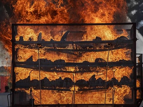 Thousands of rhino horns kept in government custody for decades are burned at an event to mark World Rhino Day in Bokakhat near Kaziranga National Park, north-eastern Assam state, on September 22, 2021. 