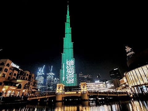 Burj Khalifa in Dubai decked up in the colours of the Saudi national flag on the occasion of the 91st Saudi National Day.  