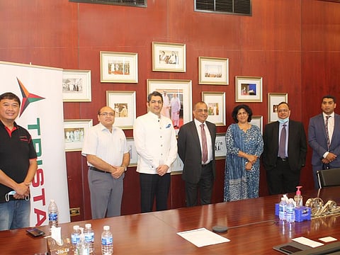 Tristar Group Chief Executive Eugene Mayne (in the middle) with Indian Consul General Dr. Aman Puri (3rd left) during a courtesy visit at the Indian Consulate. Also seen are Tristar Group Chief Administrative Officer Balaji Nagabhushan (2nd right) and Corporate Affairs and Communications Manager Arthur Los Banos (left), and FICCI Senior Director Praveen Kumar Mittal (2nd left), Assistant Secretary General Dr. Gunveena Chadha (3rd right) and Account Manager Sunny Deepak Narang (right). 