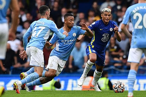 Chelsea's defender Thiago Silva (right) battles for the ball with Manchester City's midfielder Phil Foden (left) and striker Gabriel Jesus during the English Premier League match at Stamford Bridge in London.