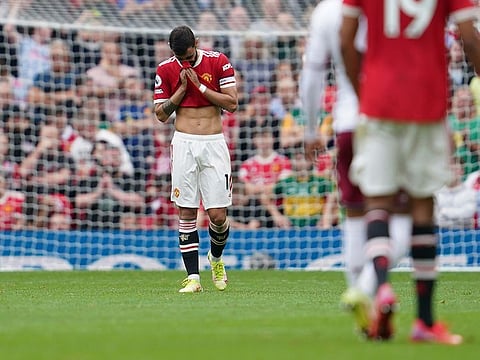 Bruno Fernandes reacts after missing an injury time penalty for Man Utd against Aston Villa at Old Trafford. Villa won 1-0.