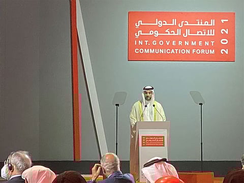 Sheikh Sultan bin Ahmed Al Qasimi, Deputy Ruler of Sharjah and Head of Sharjah Media Office, delivering his opening speech at the 10th International Government Communication Forum (IGCF) at Sharjah’s Expo Centre on Sunday.