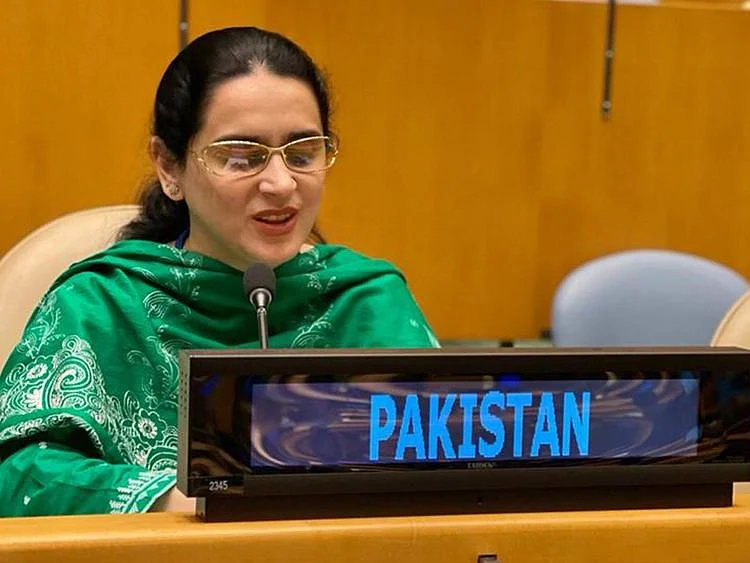 Saima Saleem speaks during a United Nations General Assembly session in New York on September 25, 2021.  
