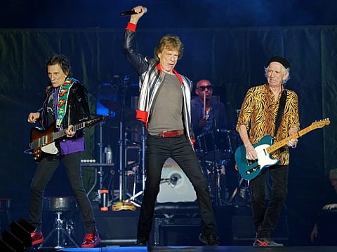 Mick Jagger, Keith Richards and Ronnie Wood of The Rolling Stones kick off their US tour, a month after the death of drummer Charlie Watts, in St. Louis, Missouri, U.S. September 26, 2021.