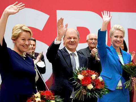 From left: Franziska Giffey, top candidate of the SPD for Mayor of Berlin, Olaf Scholz, top candidate for chancellor of the Social Democratic Party (SPD), and Manuela Schwesig, member of the SPD and governor of Mecklenburg-Western Pomerania, at the party's headquarter in Berlin on September 27, 2021. 