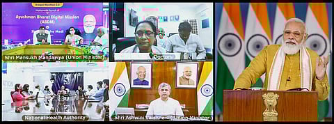 Prime Minister Narendra Modi addresses at the launch of the Ayushman Bharat Digital Mission, through video conferencing, in New Delhi, on September 27, 2021. 