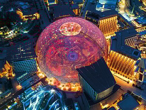 An aerial view of Al Wasl Plaza, the heart of Expo. It is home to the world’s largest 360-degree projection dome.