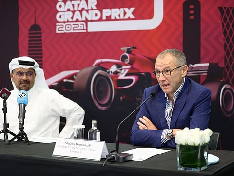 President of Qatar Motor and Motorcycle Federation, Abdulrahman Al Mannai and CEO of the Formula One Group, Stefano Domenicali during a press conference to announce that Qatar will host a Formula One Grand Prix for the first time on November 21.