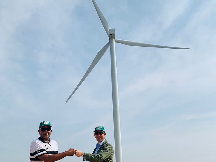 : UK High Commissioner Dr Christian Turner with Special Assistant to PM on Climate Change Malik Amin Aslam during his visit to a wind farm in Gharo, District Thatta (Sindh).