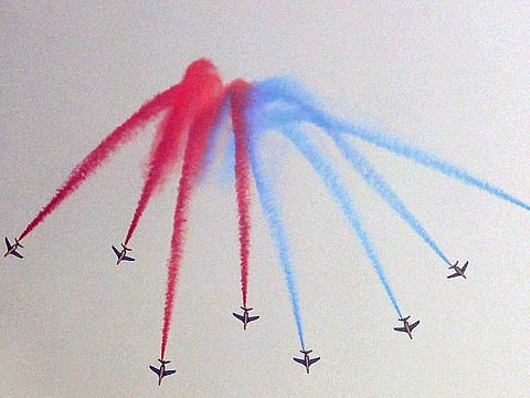 Air show during France National Day celebrations at Expo 2020 Dubai on Saturday