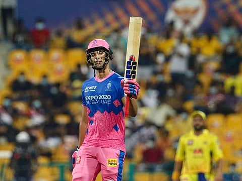 Shivam Dube of Rajasthan Royals raises his bat after scoring a fifty during match 47 of the Indian Premier League between the Rajasthan Royals and the Chennai Super Kings held at the Sheikh Zayed Stadium, Abu Dhabi.