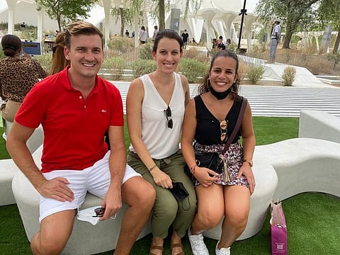 French expatriates Gauthier Stern, Laura Vital and Dounia Ghomari at Expo 2020 Dubai on Saturday. 