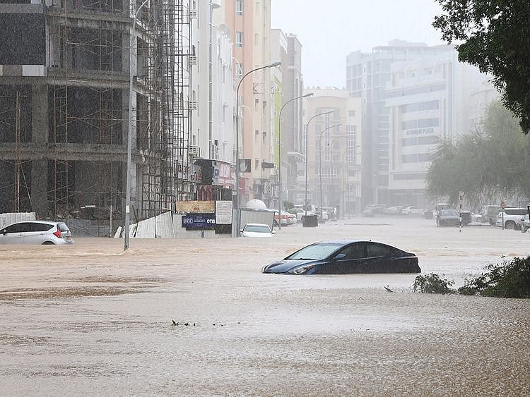 Cars on a flooded street in Muscat on October 3, 2021. Life in the national capital and other governorates has come to a standstill.